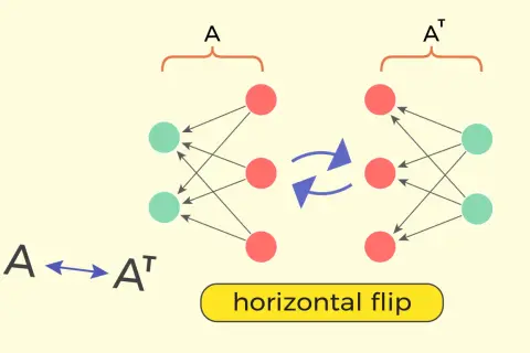 Grafika ilustruje operację "horizontal flip" między dwoma sieciami neuronowymi, gdzie jedna reprezentuje macierz A, a druga jej macierz transponowana Aᵀ.
