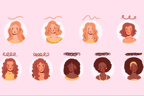 Ilustración de mujeres con diferentes tipos de cabello: liso, ondulado y rizado.
