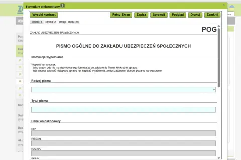 Formularz do ZUS RPA, gdzie można złożyć pismo ogólne, wyjaśnienia, skargę lub odwołanie. Wypełnij dane wnioskodawcy.