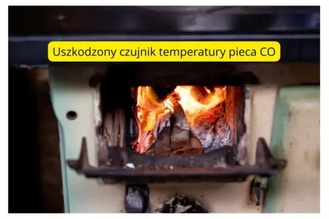 Piec CO z płonącym żarem, nad którym widnieje napis "Uszkodzony czujnik temperatury pieca CO".