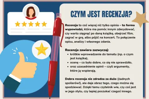 Ilustracja przedstawia proces pisania recenzji. Widoczna jest dłoń z kciukiem w górze, gwiazdki oceny i czerwone pióro.