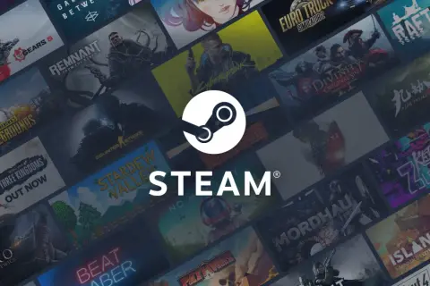 Logo Steam na tle okładek gier komputerowych.