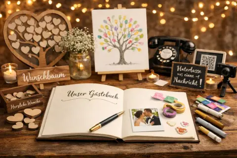 Hochzeitsdeko mit Gästebuch, Wunschbaum & Fingerabdruck-Baum. Originelle Ideen für eine unvergessliche Hochzeit.
