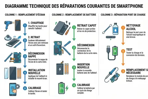 Diagramme des réparations de smartphone : remplacement écran, batterie, port de charge. Ce tech stack visuel guide les étapes.