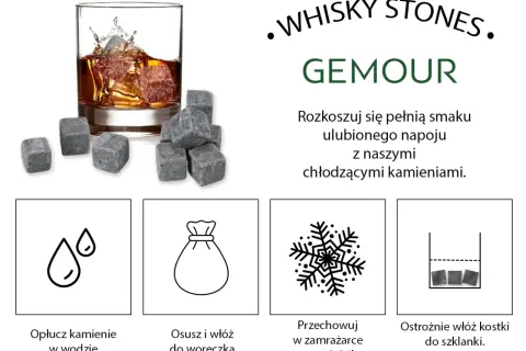 Szklanka whisky z kamieniami do chłodzenia i ilustracje instrukcji użycia.