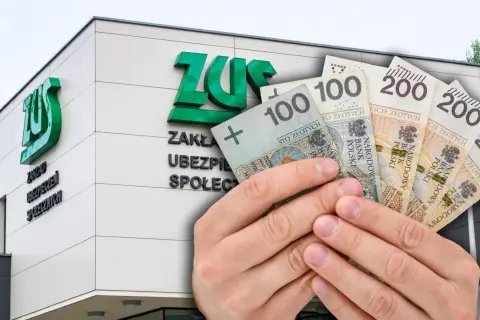 Ręce trzymają polskie banknoty przed budynkiem ZUS. Wnioski 800 plus 2026 – czy pieniądze wystarczą?