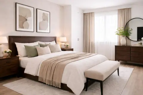 Dormitorio con muebles oscuros y paredes claras. Cama con mantas beige, mesitas de noche y un banco a los pies.