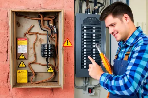 Un électricien examine un panneau électrique. À gauche, une boîte ouverte montre un ancien boîtier de fusible et des fils de cuivre.