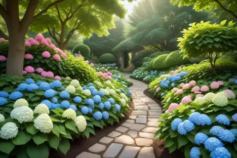 En slingrande stenlagd stig leder genom en lummig trädgård fylld av en magnifik hortensia rabatt i nyanser av rosa, blått och vitt.