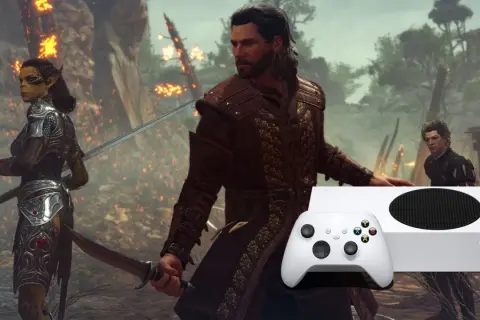 Postacie z Baldur's Gate 3 na tle płonącego krajobrazu, obok konsoli Xbox Series S i kontrolera.