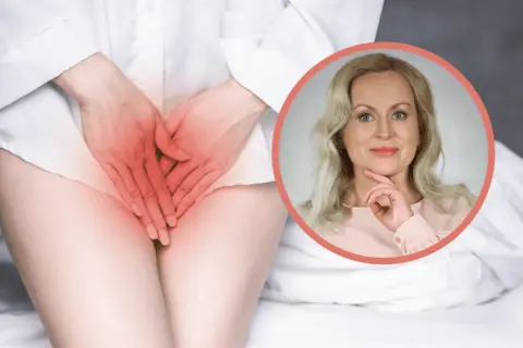 Kobieta z rękami na podbrzuszu, gdzie widoczny jest czerwony obszar bólu, sugerujący objawy rzeżączki. Obok uśmiechnięta blondynka.