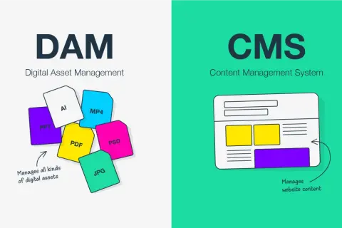 DAM manages all digital assets like PPT, AI, PDF, JPG, PSD, MP4. CMS manages website content.