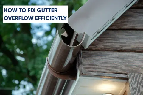 A close-up of a brown gutter with debris, showing a problem that needs a gutter fix. Text overlay reads "HOW TO FIX GUTTER OVERFLOW EFFICIENTLY".