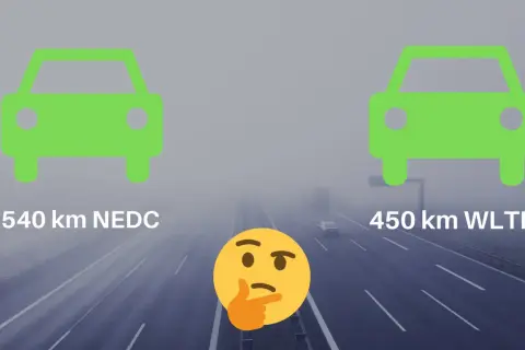 Deux voitures vertes symbolisent des autonomies différentes : 540 km NEDC vs 450 km WLTP. Un emoji pensif interroge sur ces mesures.