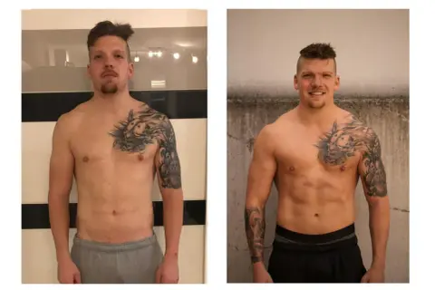 Mann mit Tattoos vor und nach dem Training. Er hat keine Muskeln abgebaut, sondern aufgebaut.