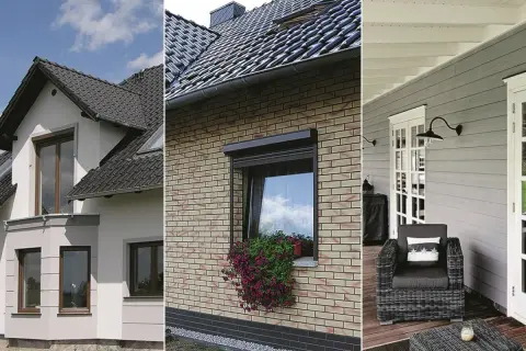 Trzy rodzaje elewacji: tynkowana, ceglana i drewnopodobna. Różne materiały, różne style.