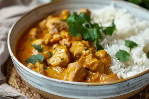 En skål med krämig kycklingcurry och ris, garnerad med koriander. Perfekt för ett snabbt mango chutney recept.