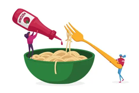 Niecodzienne obrazy AI ludzi jedzących spaghetti w surrealistyczny sposób
