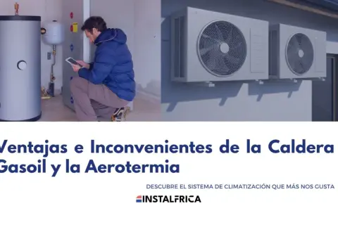 Hombre revisa tablet junto a caldera de gasoil. A la derecha, unidades exteriores de aerotermia. Considera cambiar caldera de gasoil.