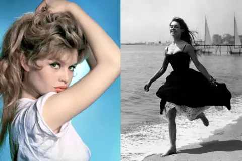 Brigitte Bardot giovane, icona di stile, in un primo piano sensuale e poi in una corsa gioiosa sulla spiaggia.