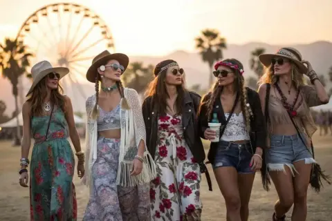 Cinco amigas con un marcado estilo bohemio pasean al atardecer, luciendo vestidos florales, sombreros y accesorios playeros.