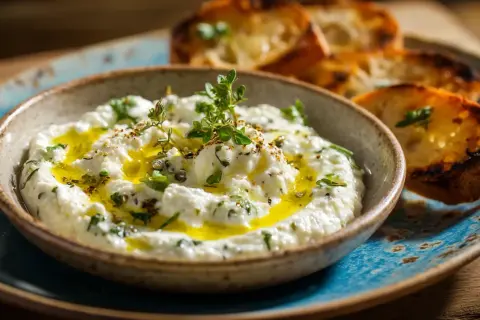 Brandade de morue crémeuse, arrosée d'huile d'olive et garnie d'herbes fraîches, servie avec des croûtons grillés.