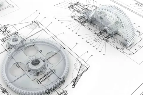 Przezroczyste koła zębate i mechanizmy na tle rysunków technicznych, ilustrujące innowacyjne wzory użytkowe.