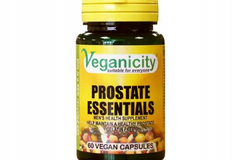Suplement diety Prostate Essentials od Veganicity, zawierający ekstrakt z kory śliwy afrykańskiej, wspiera zdrowie prostaty. 60 kapsułek wegańskich.