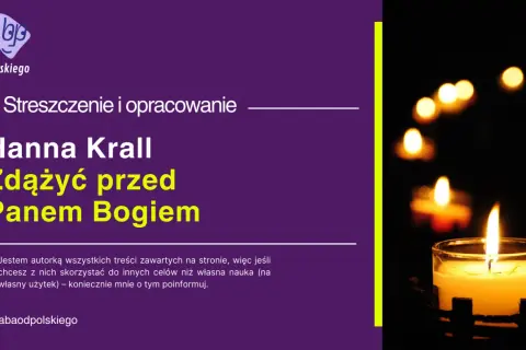 Płonąca świeca na ciemnym tle, obok tekst "Zdążyć przed Panem Bogiem" Hanny Krall.