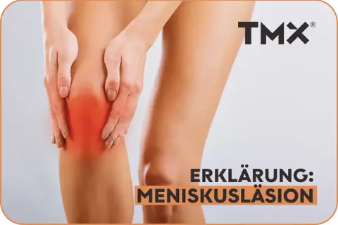 Hände umfassen schmerzendes Knie, rot markiert. Text: "ERKLÄRUNG: MENISKUSLÄSION". Mögliche triggerpunkte knieschmerzen innenseite.