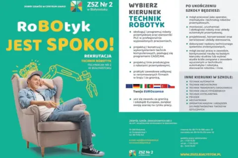Młody mężczyzna w fotelu, obok schemat robota. Rekrutacja na kierunek technik robotyk w ZSZ Nr 2 w Białymstoku.