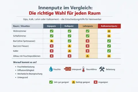 Vergleichstabelle für Innenputz-Arten: Gips-, Kalk-, Lehm- und Kalkzementputz für Wohnzimmer, Bad, Keller. Zeigt Eignung basierend auf Feuchte, Untergrund etc.