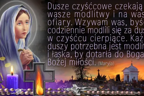 Obraz Matki Boskiej z zapaloną świecą, krzyżem i różańcem na tle cmentarza.