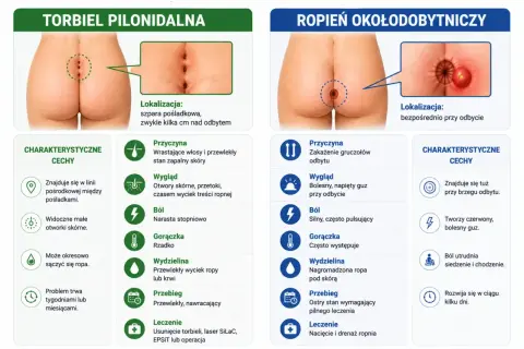 Torbiel pilonidalna: wrastające włosy, otwory skórne, ból narastający stopniowo. Ropień okołoodbytny: zakażenie gruczołów, bolesny guz, silny ból.