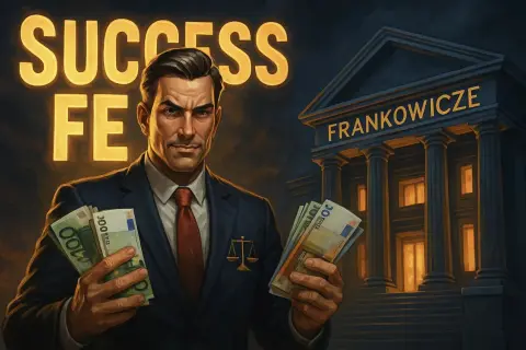 Prawnik z pieniędzmi w ręku, budynek "FRANKOWICZE" i napis "SUCCESS". Ile procent bierze prawnik od wygranej sprawy?