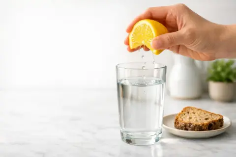 Gocce di limone cadono in un bicchiere d'acqua. Alcuni credono che acqua e limone faccia male al fegato, ma è un mito.