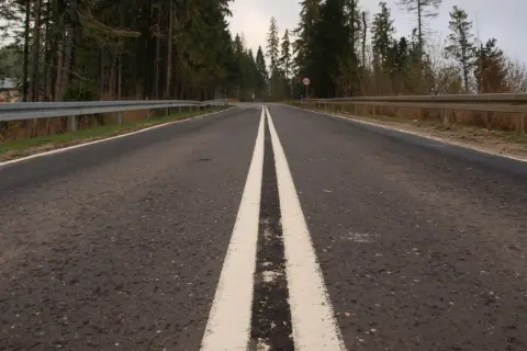 Droga przez las, podwójna ciągła linia sugeruje zakaz **wyprzedzania**.