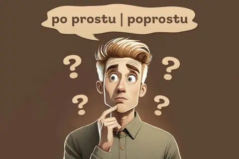 Zamyślony mężczyzna z pytajnikami wokół głowy zastanawia się, czy coś jest po prostu, czy poprostu.