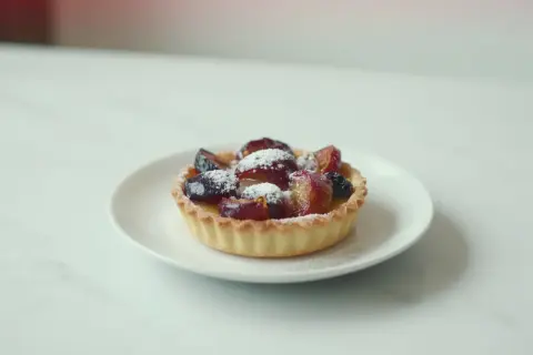 Szybkie ciasto z airfryer: krucha babeczka z owocami i cukrem pudrem, idealna na deser.