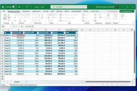 Excel pokazuje, jak odjąć procent, obliczając VAT. Formuła =(D2-B2)/B2 w komórce F2 pokazuje, jak to zrobić.
