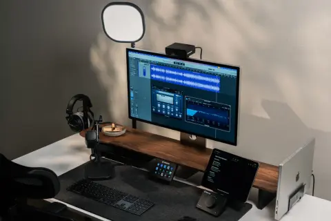 Professionelles Studio-Setup mit Monitor, der Audio-Software anzeigt, Kopfhörern, Mikrofon und Beleuchtung.