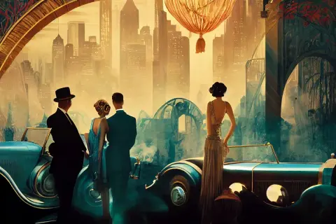 Elegancka para i samotna kobieta podziwiają panoramę miasta w stylu art deco. Malarze tego okresu uchwycili tę atmosferę.