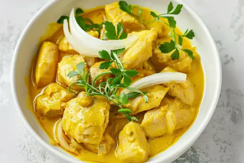 Kyckling i krämig gul currysås med lök och persilja. En smakrik rätt som lyfter fram den underbara gul curry kryddan.