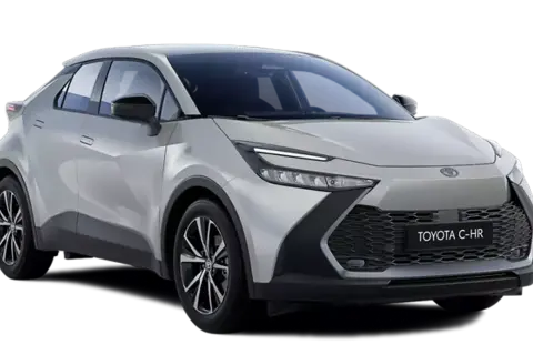 Nowy Toyota C-HR Plus w srebrnym kolorze, z dynamiczną linią nadwozia i nowoczesnym designem.