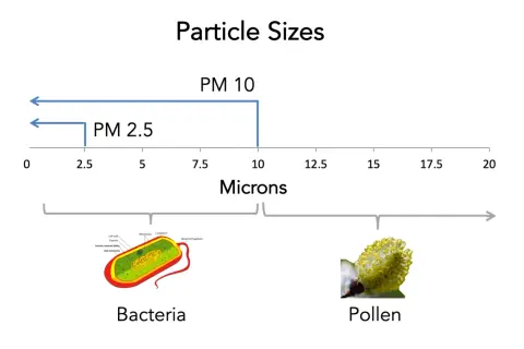 PM10 co to? Wykres porównuje rozmiary cząstek: PM2.5 (do 2.5 mikrona), PM10 (do 10 mikronów), bakterie (ok. 1-10 mikronów) i pyłki (ok. 10-50 mikronów).