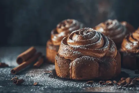 Doftande kanelbullar med pudersocker, perfekt för kanelbulle dag. Kanelstänger och chokladbitar ligger utspridda.