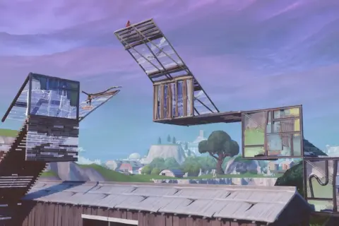 Konstrukcje z drewna i szkła w grze Battle Royale na tle fioletowego nieba.
