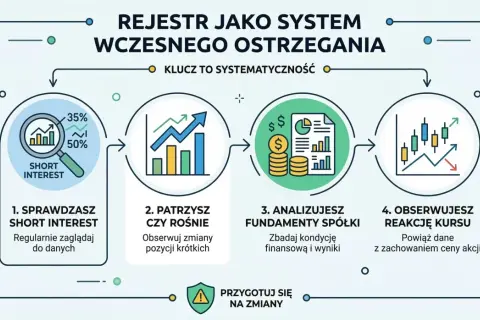 Schemat pokazuje 4 kroki analizy: sprawdzanie short interest, obserwację wzrostu pozycji krótkich, analizę fundamentów spółki i reakcję kursu. Klucz to systematyczność.
