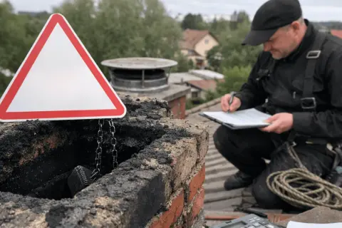 Kominiarz notuje na dachu, obok brudnego komina i pustego trójkąta ostrzegawczego. Brak przeglądu kominiarskiego art.