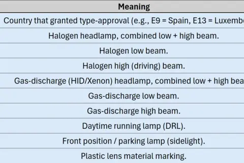 Tabela z oznaczeniem lamp europejskich: kody i znaczenia świateł (halogenowe, ksenonowe, pozycyjne, dzienne) oraz homologacji.
